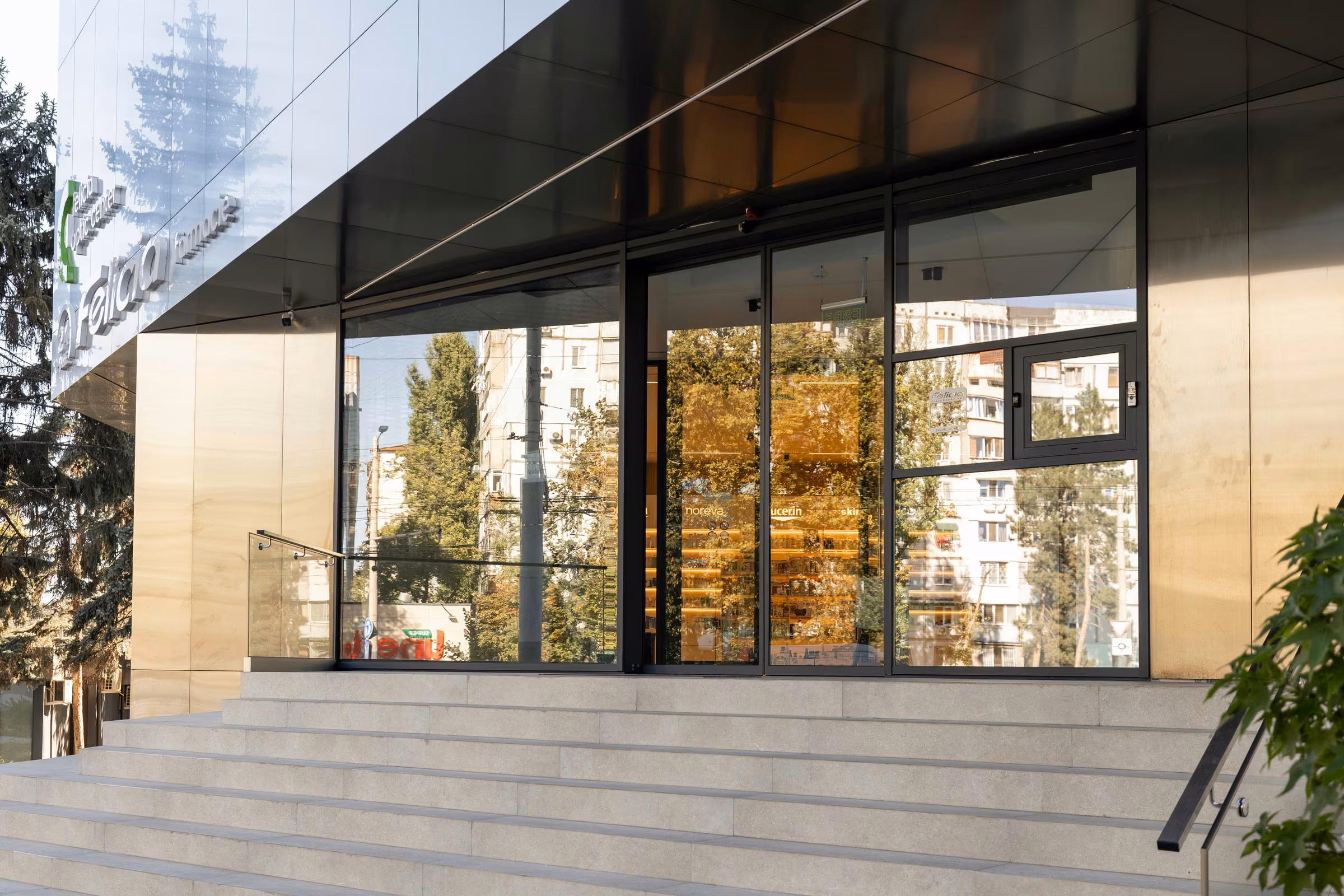 Glazed framing elements within the pharmacy's commercial architecture.