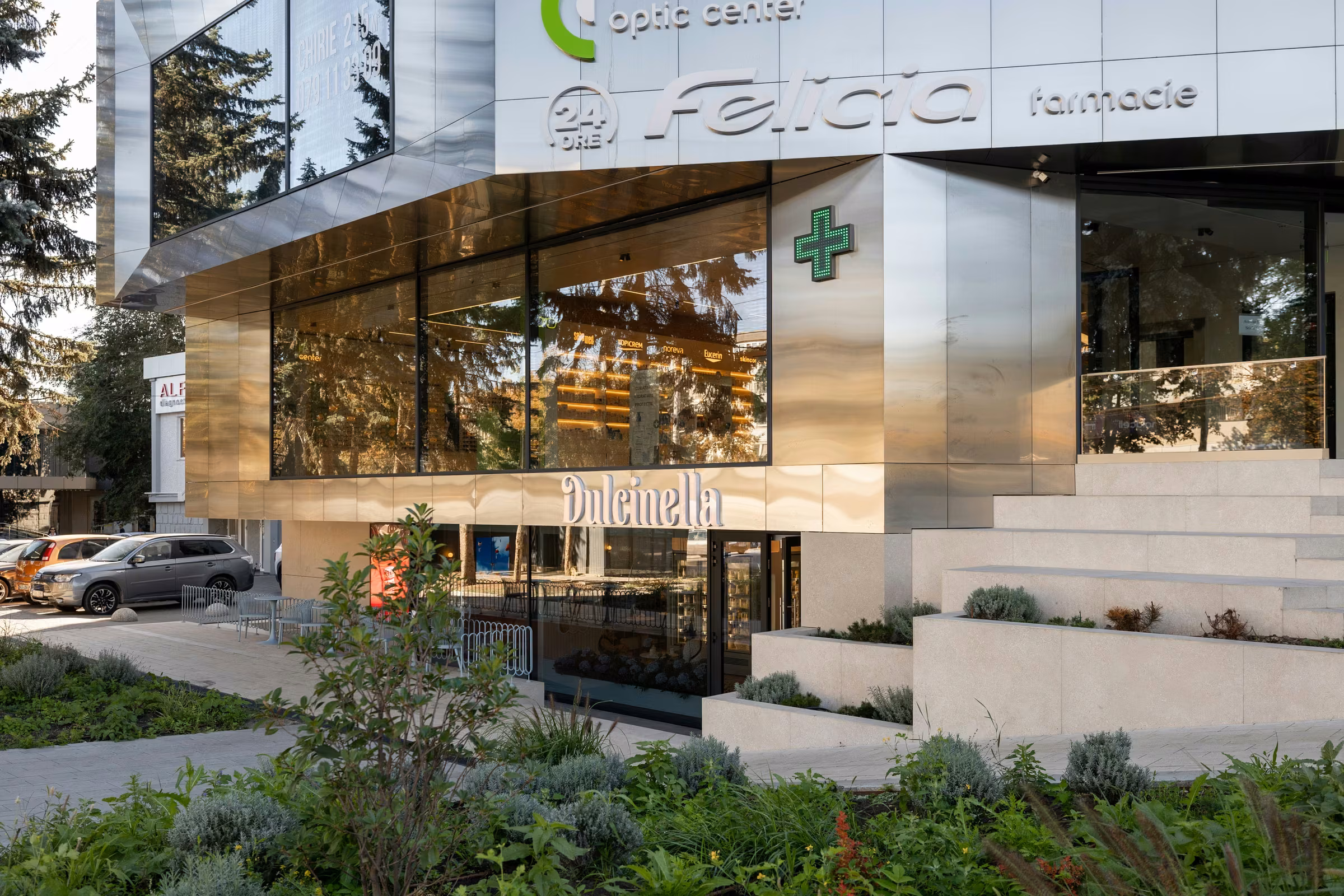 Glazed commercial frontage with integrated framing elements.