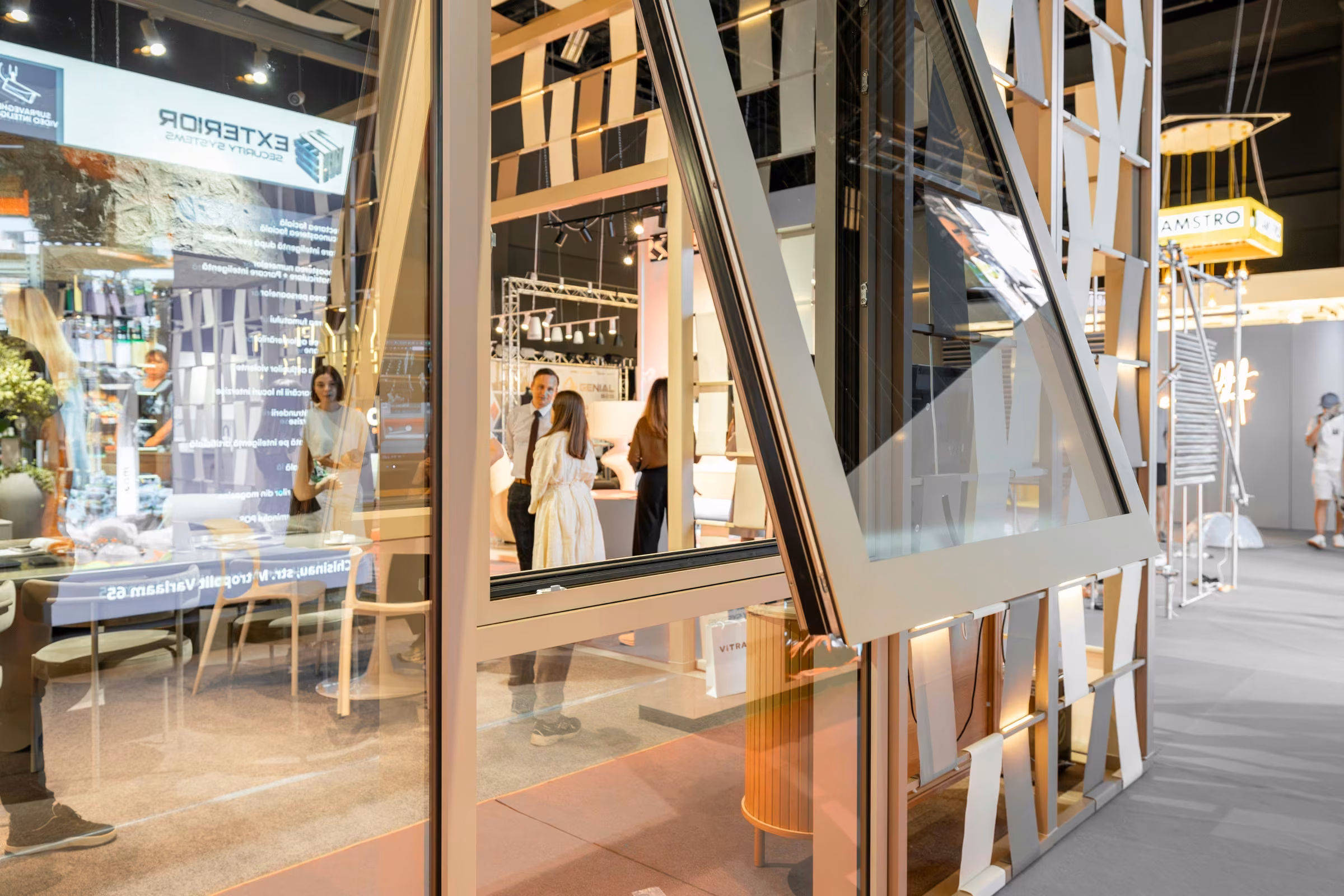 Outward-opening casement window integrated into the Plastregal exhibition structure.